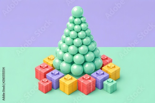 Abstract Christmas tree made of green baubles. Minimalist holiday 3D render with small gifts.