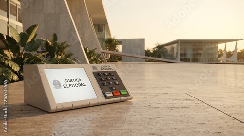 Paisagem urbana brasileira com urna eletrônica em primeiro plano e arquitetura contemporânea ao fundo, simbolizando democracia, futuro nacional e participação cidadã