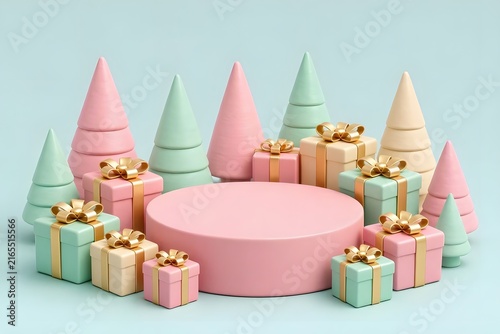 Christmas product display podium with mini gift boxes. Pastel pink stage with abstract trees 3D render.
