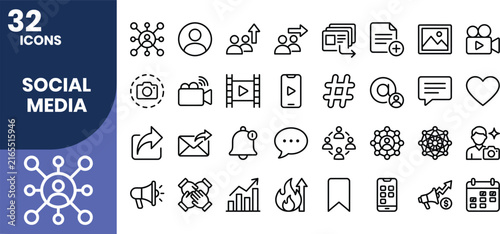 Professional social media line icon set featuring content creation, engagement, messaging, analytics, communities, digital marketing, and online communication outline symbols.