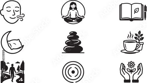 World mental health day mindfulness zen meditation deep breathing sleep herbal tea nature vector icons