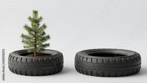 Two repurposed tires used as planters; one holds a small pine tree, the other is empty.