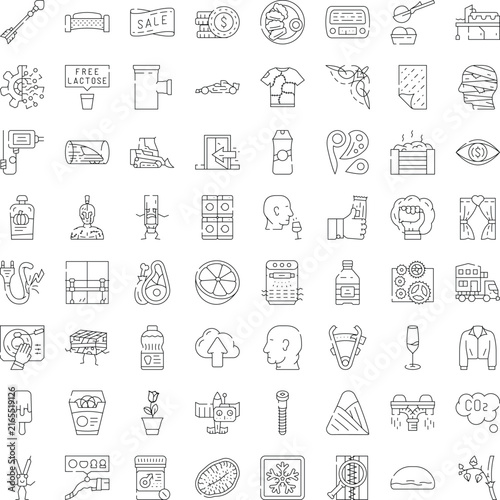 Assortment of linear pictograms illustrating a wide range of everyday items, business ideas, technology, and health concepts for graphic design and web applications