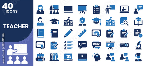 Modern blue and navy teacher solid icon set featuring education, classroom, teaching, students, school, online learning, mentoring, and academic achievement symbols.