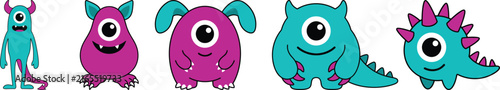 Cute Cyan and Pink One Eyed Monster Cyclops Vector Set with Horned Spiky Characters