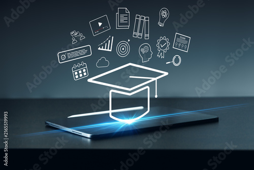 E learning and digital education using modern technology with different learning tools on a tablet screen