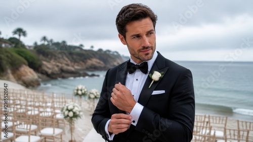 Man in tuxedo at beach wedding on a tropical shore at sunset portrait with clear morning light clear