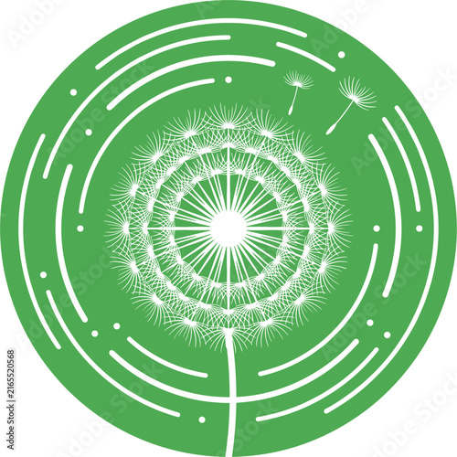 Green circular graphic featuring a dandelion seed head with seeds blowing away, symbolizing growth and new beginnings. Ideal for natural or eco-friendly branding.