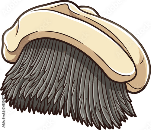 Vector illustration of a cleaning brush. It features a beige handle and grey bristles. This simple graphic depicts a common household cleaning tool.