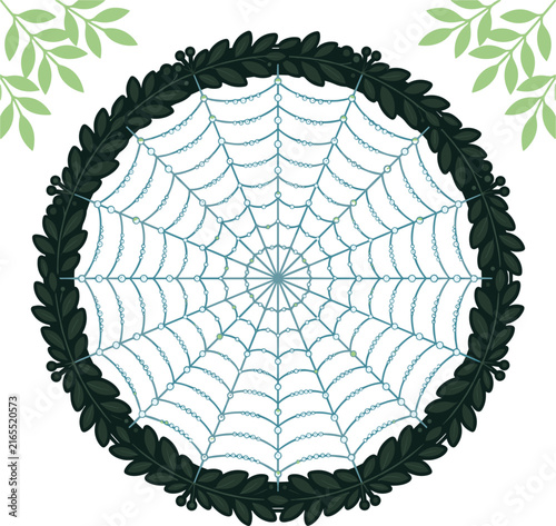 A detailed circular spider web with a light blue hue, enclosed by a dark green leaf wreath and accented with small, light green leaves. Symbolizes nature, entrapment, and delicate design.