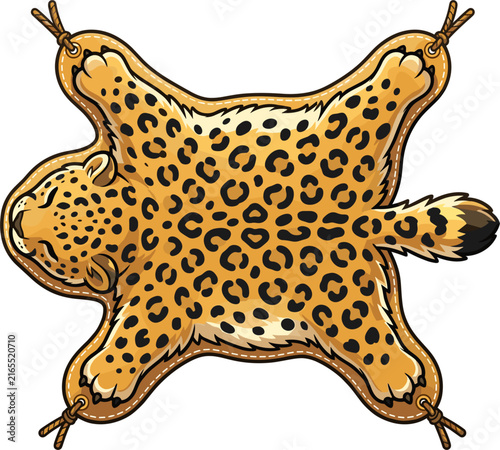 A stylized animal print rug shaped like a flattened animal, featuring stitched edges and four hanging loops. The design showcases the animal's distinctive spots and includes its head, tail, and paws.