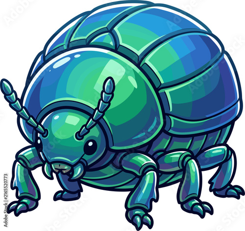 A charming pixel art depiction of a pill bug, featuring a vibrant blue and green segmented exoskeleton and delicate legs. This cute insect is shown in profile, isolated for versatile use.