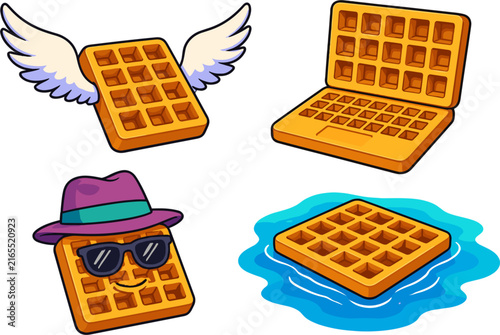 Pixel art waffles with wings flying, as laptop, wearing hat and sunglasses, and floating on water