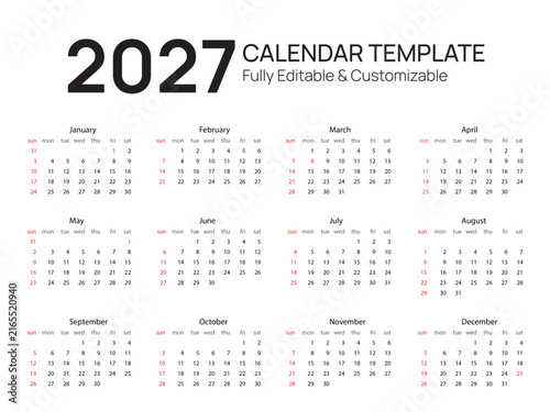 Bild auf Leinwand 2027 calendar template year planner vector layout on white background week start