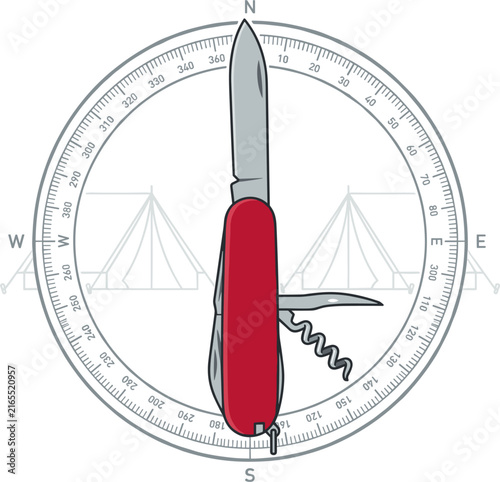A red multi-tool pocket knife is centered over a compass rose, with faint outlines of camping tents in the background. Illustrates adventure, exploration, and navigation.