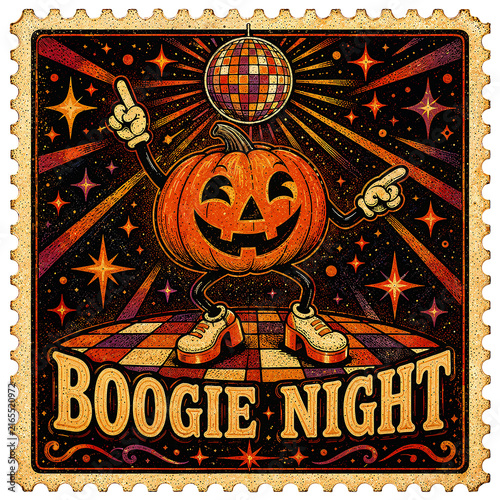 Vintage Halloween Boogie Night Stamp with Dancing Jack-o-lantern Disco Ball