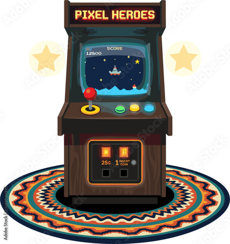Retro arcade cabinet playing a pixelated space shooter game, vintage entertainment, nostalgia, bright stars, and patterned rug