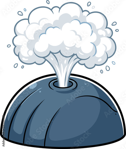 Stylized cartoon volcano erupting with white steam and water droplets, blue dome base on isolated background, simple illustration