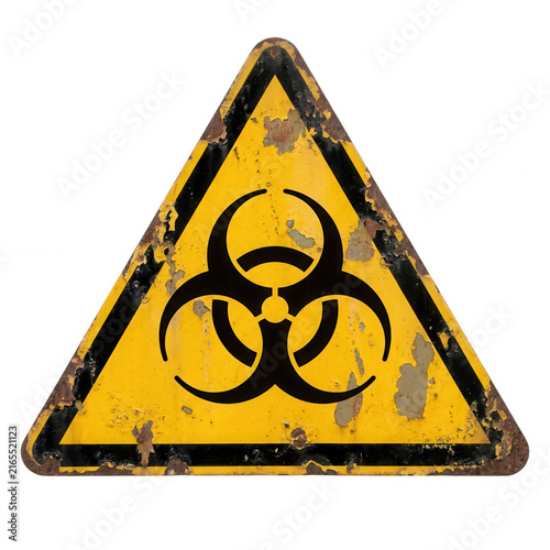 Un panneau d'avertissement triangulaire jaune et rouillé avec un symbole de danger biologique isolé sur fond blanc.