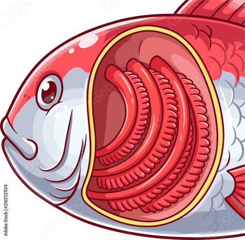 A close-up, stylized illustration of a red fish shown in cross-section to reveal its internal organs, including gills and intestines, presented in a simple cartoon style.