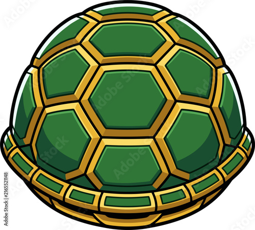 A single, stylized turtle shell with a green and gold hexagonal pattern, rendered in a cartoon illustration style. Isolated on a white background.