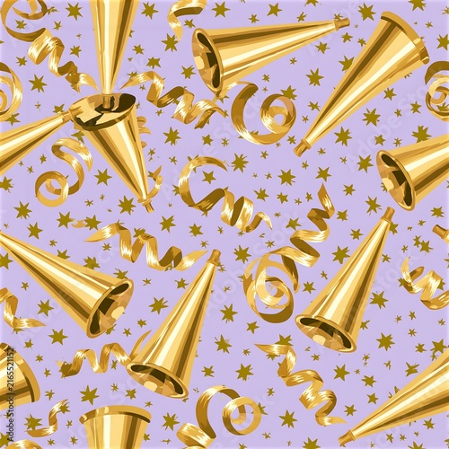 Elegant Gold Party Horns and Streamers Seamless Pattern