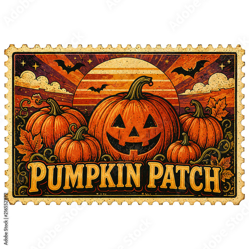 Vintage Halloween postage stamp featuring a cheerful pumpkin patch design.