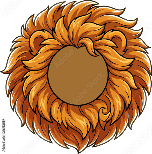 A stylized illustration of a lion's head featuring a prominent, flowing orange mane that encircles an empty brown circular area, suitable for adding text or another graphic element.