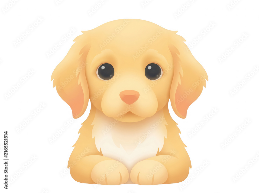 Obraz premium Illustration vectorielle mignonne d'un chiot golden retriever au pelage doré, assis avec un regard doux et des grands yeux expressifs sur un fond blanc pur, style dessin animé.
