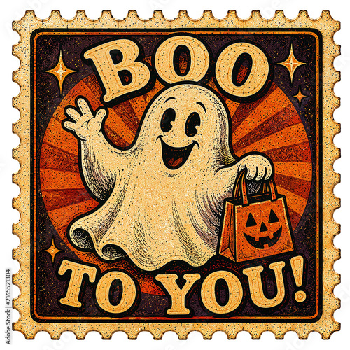 Vintage Happy Ghost Waving Hand Holding Candy Bag with Boo To You Text Illustration Stamp