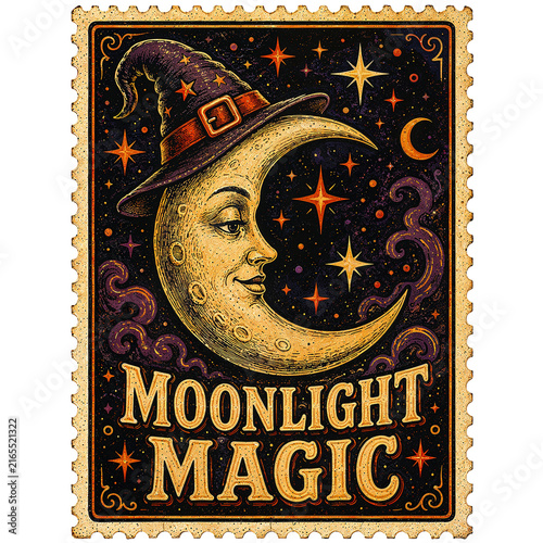 Vintage Magical Crescent Moon Wearing Witch Hat in Starry Night Sky with Moonlight Magic Text Stamp