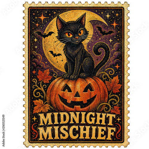 Vintage Feline Sitting on JackOLantern Under Crescent Moon with Bats and Midnight Mischief Text Stamp
