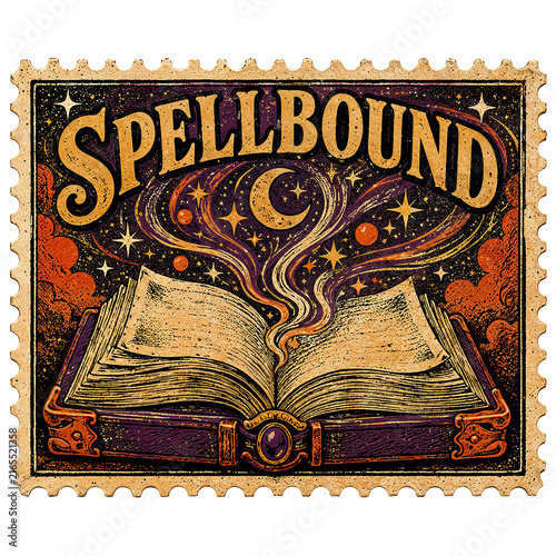 Vintage Open Magical Spellbook Emitting Energy into Starry Night Sky with Spellbound Text Stamp