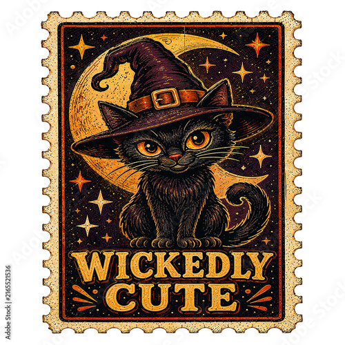 Adorable Feline in Witch Hat Sitting Under Moon on Halloween Postage Stamp with Text