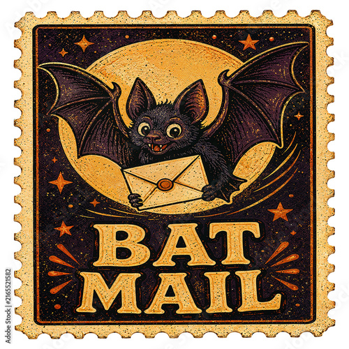 Whimsical Bat Flying Across Moonlit Night Sky Holding Envelope Styled as Postage Stamp
