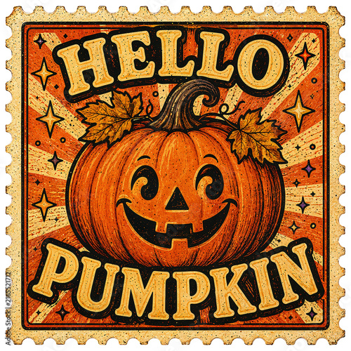 Happy Jack-o'-lantern Pumpkin on Halloween Postage Stamp with Autumn Leaves and Text