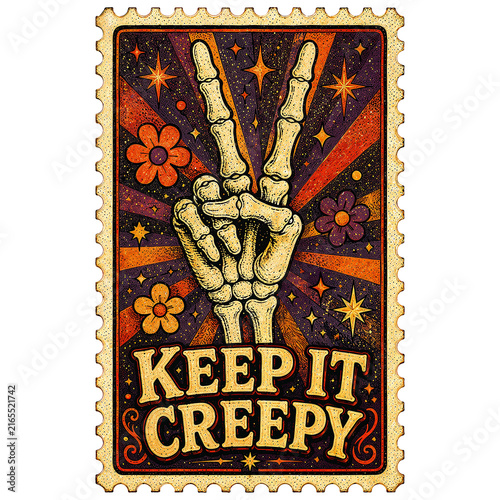 Keep It Creepy stamp with a skeletal hand making a peace sign.