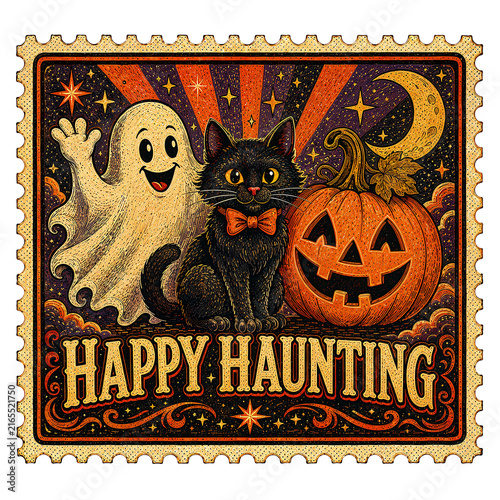 Happy Haunting stamp with friendly ghost, cat, and carved pumpkin.