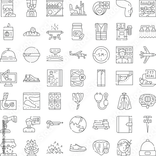 Set of thin line icons covering a wide range of topics including technology, medical, travel, food, fashion, nature, and everyday objects for creative design