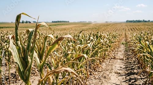 Corn Field After Drought: Rows of parched corn stalks stand in a desolate field, testament to the severe drought that has impacted the harvest.