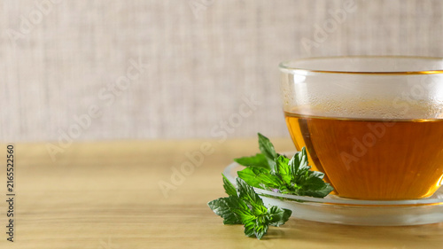 Quadro su tela Hot herbal tea with fresh mint leaves on a wooden table