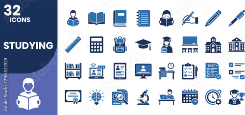 Modern blue and navy studying solid icon set featuring books, education, school, online learning, homework, exams, classroom, research, and academic success symbols.