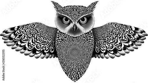 Black and white owl with optical illusion pattern and spread wings isolated on white background