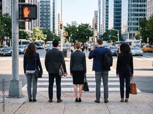 Urban Commute: A diverse group of professionals waits at a crosswalk in a bustling cityscape, ready to navigate the day's journey.