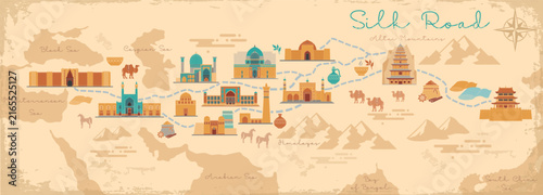 Silk Road Travel Map with Asian Landmarks Illustration
