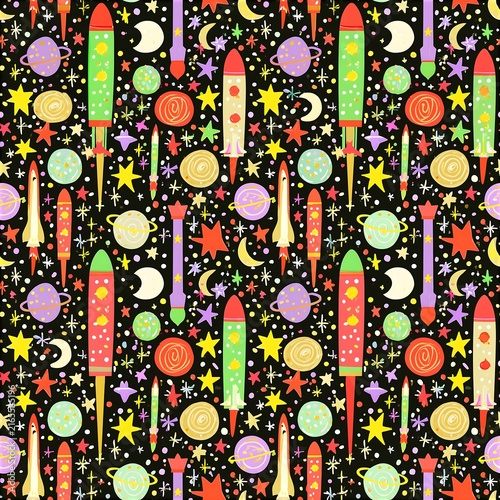 Colorful Space Rocket and Planet Seamless Pattern