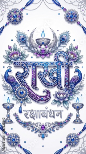 Blue and Silver Themed Raksha Bandhan Greeting Card with Peacock and Lotus Motifs