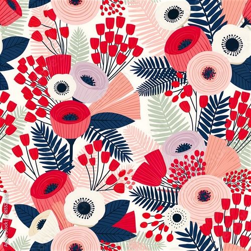 Colorful floral design with red and navy motifs on light background