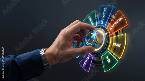 Hand adjusting a digital wheel displaying marketing concepts like strategy, content, advertising, and web, symbolizing control over business growth.