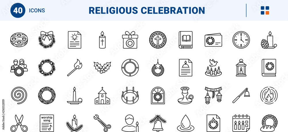 Fototapeta premium Advent Wreath Candles line icon set. Vector pictograms of wreath, candle, holiday, and celebration elements, thin linear illustration.
